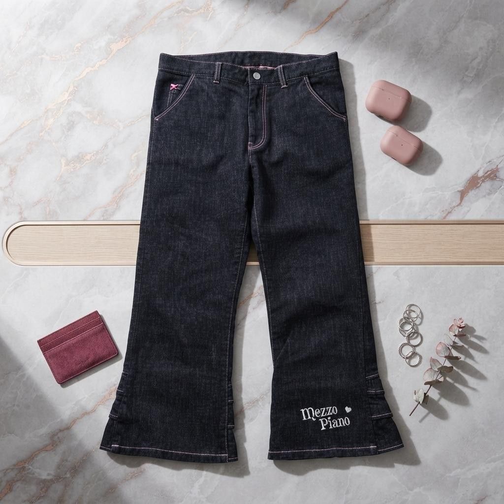 [Maison Pia] Denim Pants Jeans Trousers Frill Logo Embroidery Black L 160