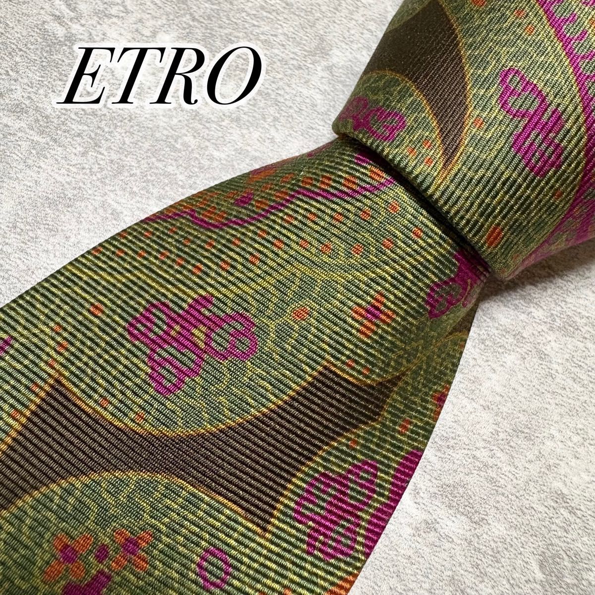 【Almost unused】 ETRO Etro Necktie Paisley Pattern Green × Purple Made in Italy Silk