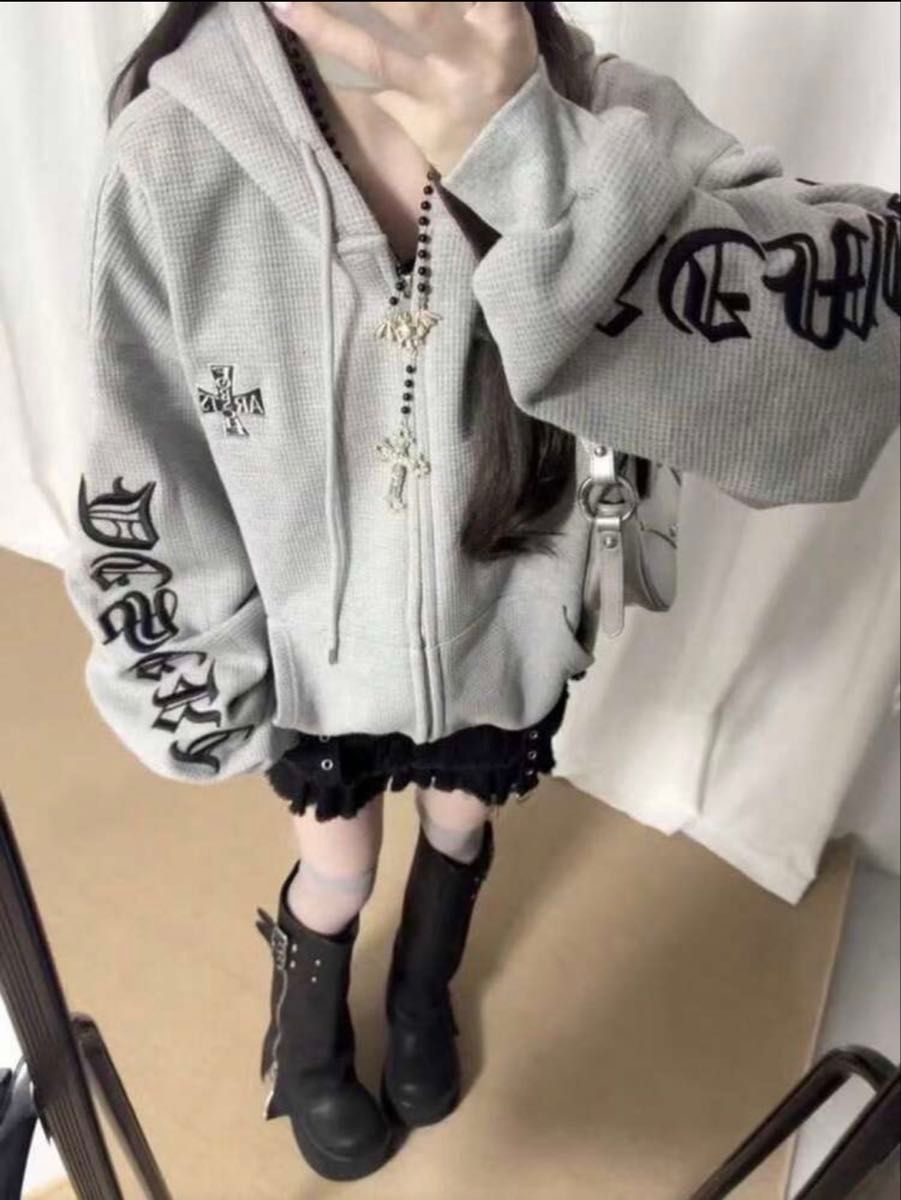 1 Chrome Hearts-style hoodie, Korean style, long sleeve, front zip-up