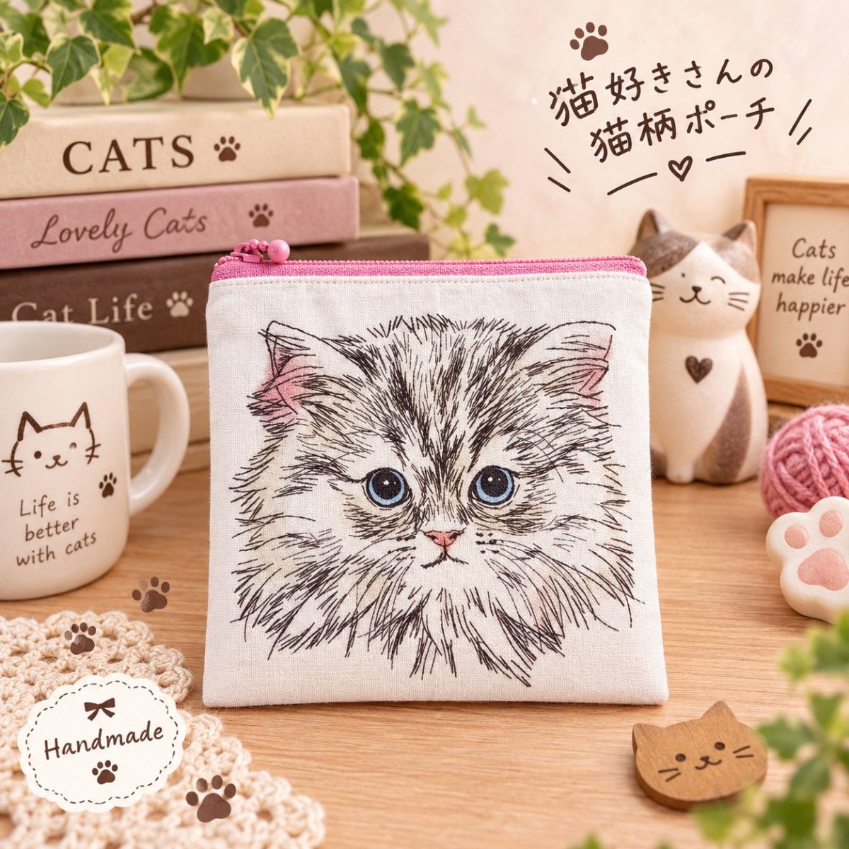 手工猫纹拉链收纳包