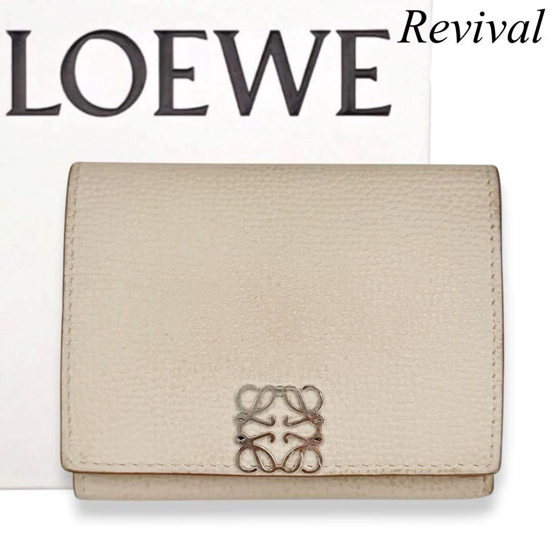 【Excellent condition】Loewe Anagram Trifold Leather Wallet, Beige, 1118
