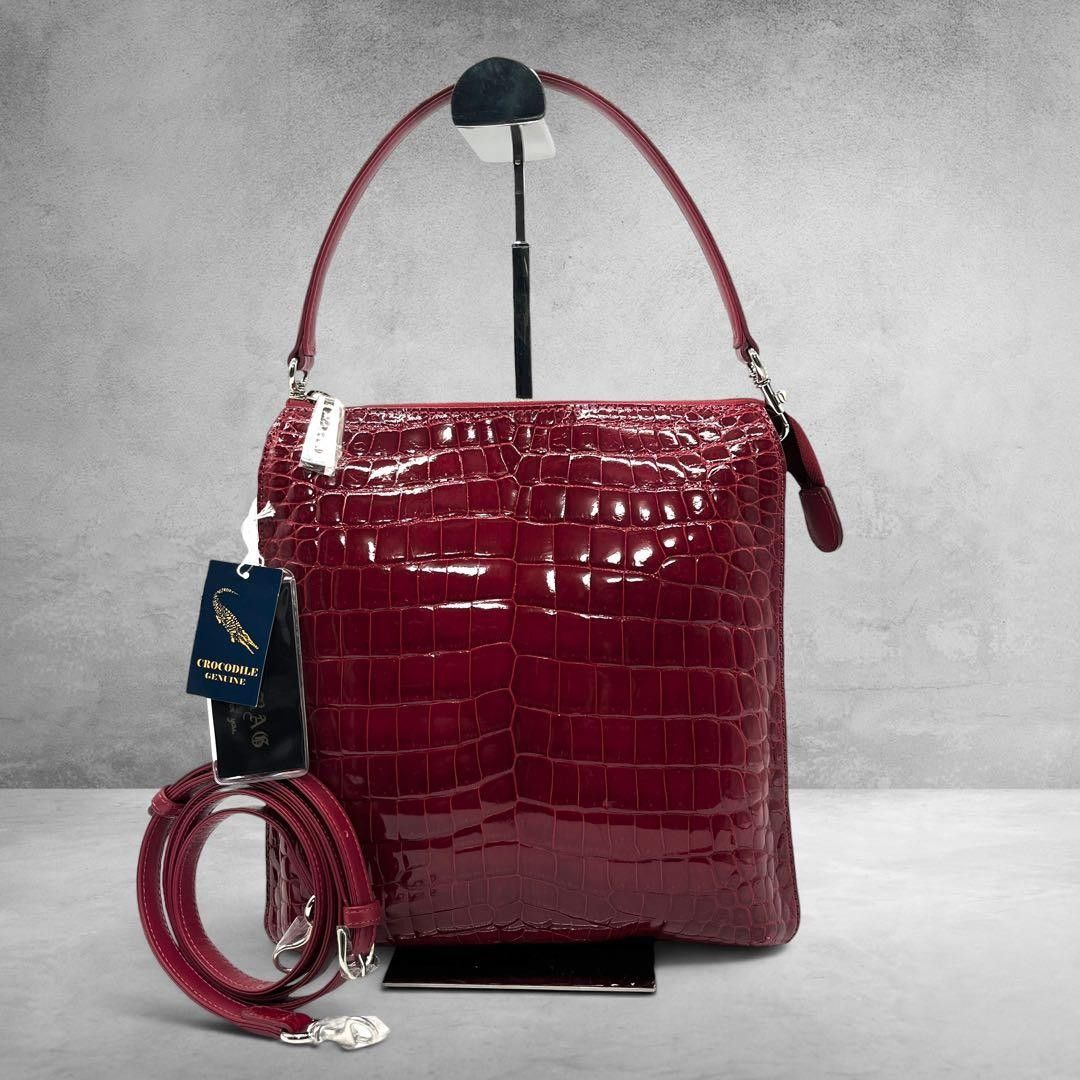 Unused Real Crocodile 2way Shoulder Bag Center Take Shining Red