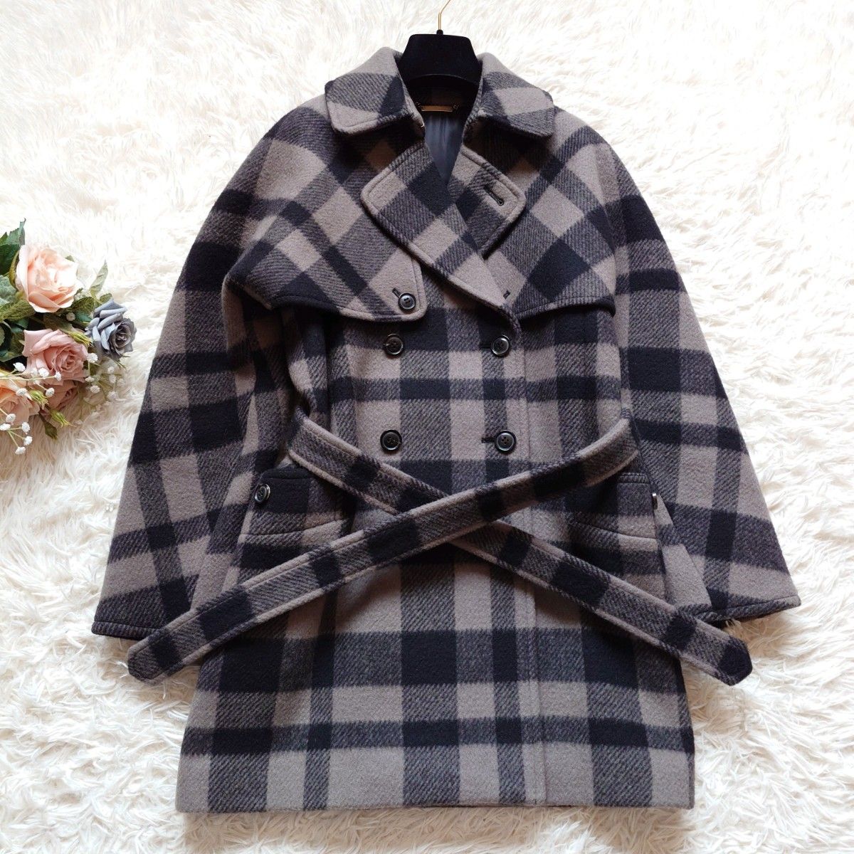 【美品】Beautiful People 羊绒混纺 方块格纹 腰带款 风衣 P大衣 灰色 36码 S-M相当